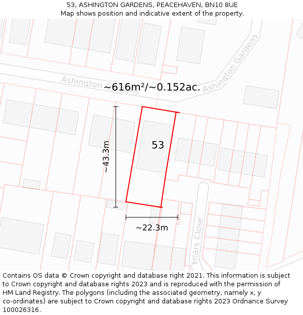 53, ASHINGTON GARDENS, PEACEHAVEN, BN10 8UE: Plot and title map