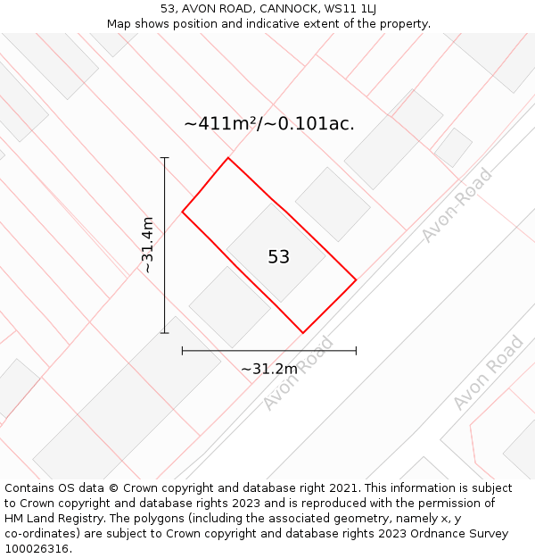 53, AVON ROAD, CANNOCK, WS11 1LJ: Plot and title map