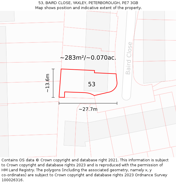 53, BAIRD CLOSE, YAXLEY, PETERBOROUGH, PE7 3GB: Plot and title map