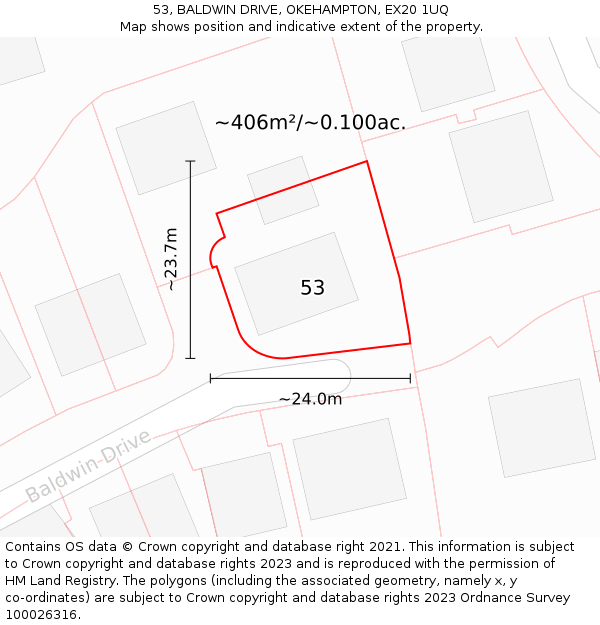 53, BALDWIN DRIVE, OKEHAMPTON, EX20 1UQ: Plot and title map