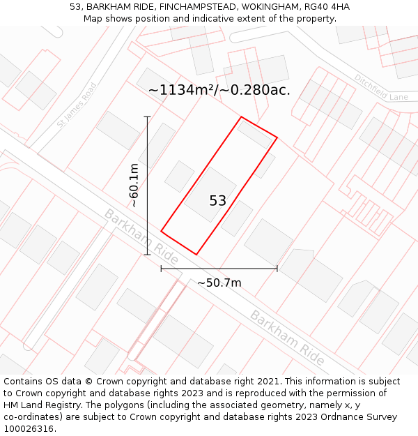 53, BARKHAM RIDE, FINCHAMPSTEAD, WOKINGHAM, RG40 4HA: Plot and title map