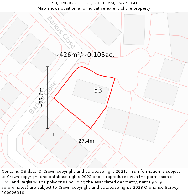 53, BARKUS CLOSE, SOUTHAM, CV47 1GB: Plot and title map