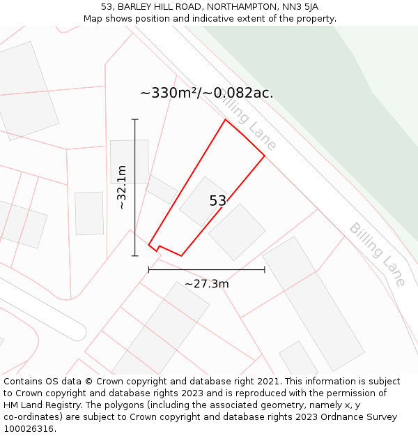 53, BARLEY HILL ROAD, NORTHAMPTON, NN3 5JA: Plot and title map