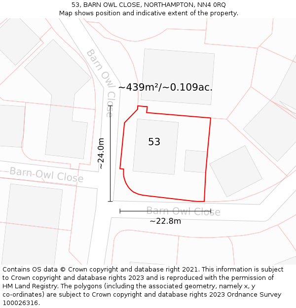 53, BARN OWL CLOSE, NORTHAMPTON, NN4 0RQ: Plot and title map