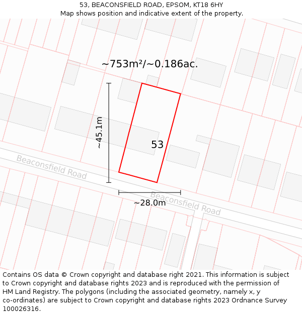 53, BEACONSFIELD ROAD, EPSOM, KT18 6HY: Plot and title map