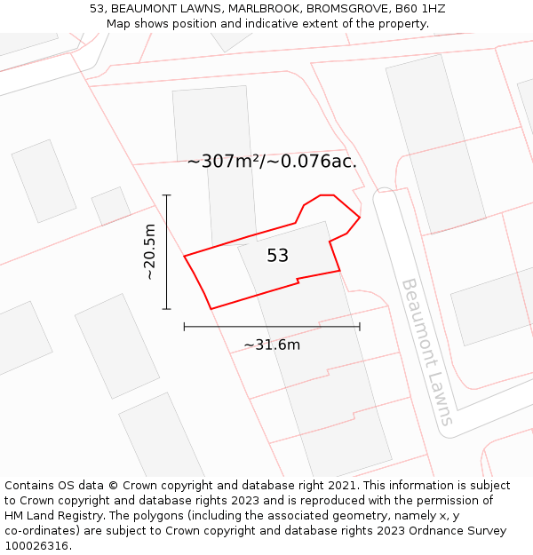 53, BEAUMONT LAWNS, MARLBROOK, BROMSGROVE, B60 1HZ: Plot and title map