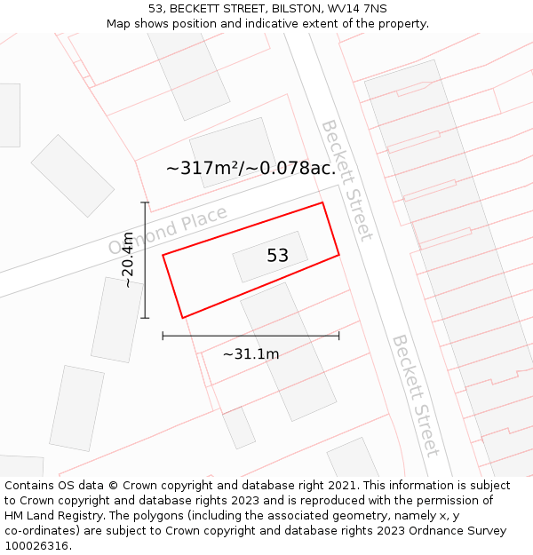 53, BECKETT STREET, BILSTON, WV14 7NS: Plot and title map