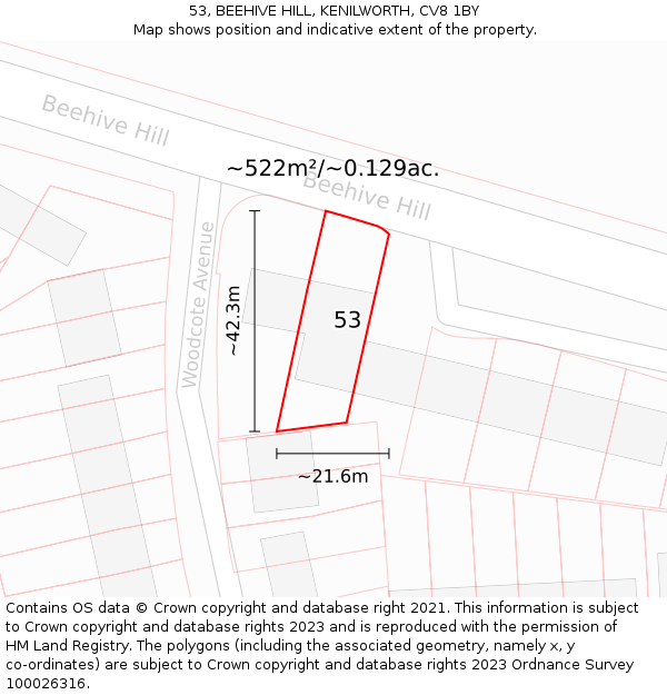 53, BEEHIVE HILL, KENILWORTH, CV8 1BY: Plot and title map