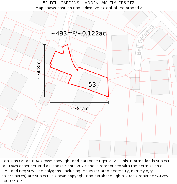 53, BELL GARDENS, HADDENHAM, ELY, CB6 3TZ: Plot and title map