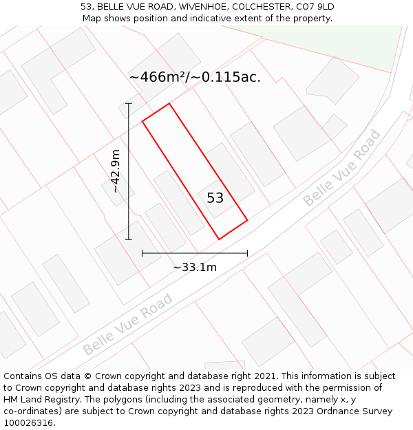 53, BELLE VUE ROAD, WIVENHOE, COLCHESTER, CO7 9LD: Plot and title map