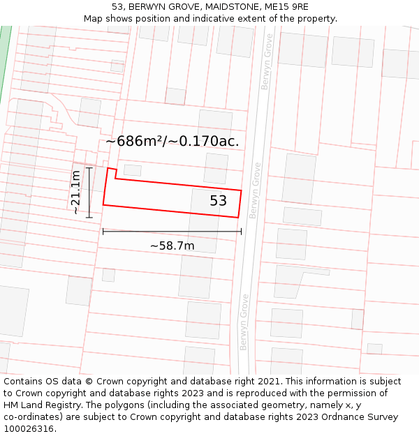 53, BERWYN GROVE, MAIDSTONE, ME15 9RE: Plot and title map