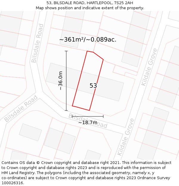 53, BILSDALE ROAD, HARTLEPOOL, TS25 2AH: Plot and title map