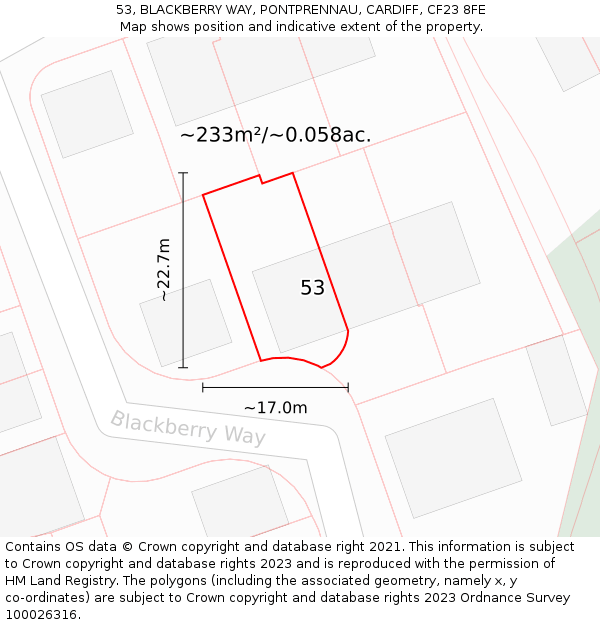 53, BLACKBERRY WAY, PONTPRENNAU, CARDIFF, CF23 8FE: Plot and title map