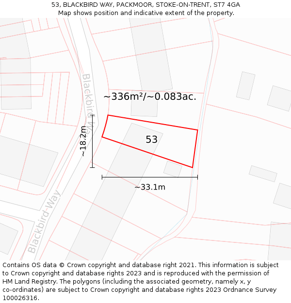 53, BLACKBIRD WAY, PACKMOOR, STOKE-ON-TRENT, ST7 4GA: Plot and title map