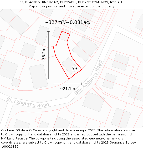 53, BLACKBOURNE ROAD, ELMSWELL, BURY ST EDMUNDS, IP30 9UH: Plot and title map