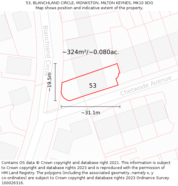 53, BLANCHLAND CIRCLE, MONKSTON, MILTON KEYNES, MK10 9DG: Plot and title map