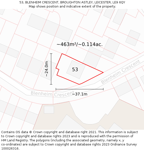 53, BLENHEIM CRESCENT, BROUGHTON ASTLEY, LEICESTER, LE9 6QY: Plot and title map