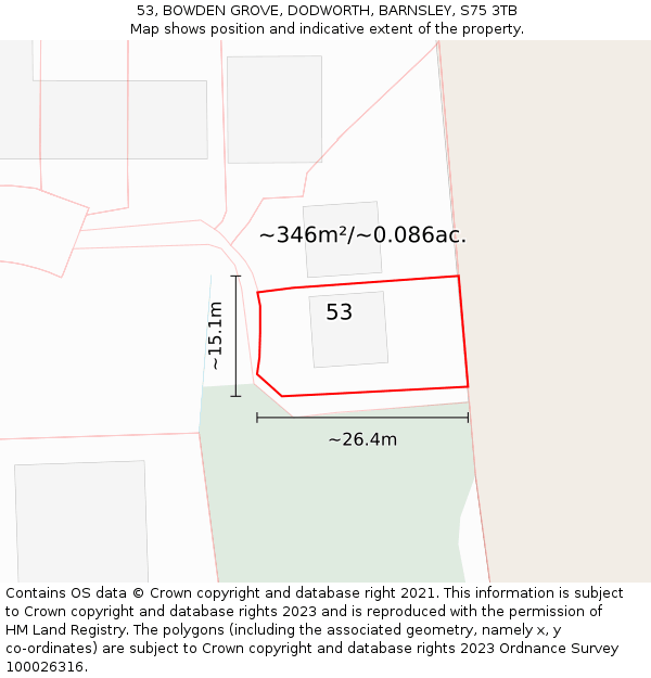 53, BOWDEN GROVE, DODWORTH, BARNSLEY, S75 3TB: Plot and title map