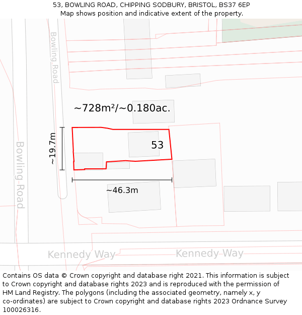 53, BOWLING ROAD, CHIPPING SODBURY, BRISTOL, BS37 6EP: Plot and title map