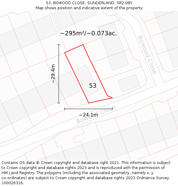 53, BOWOOD CLOSE, SUNDERLAND, SR2 0BY: Plot and title map