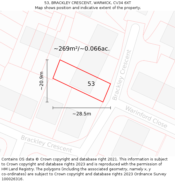 53, BRACKLEY CRESCENT, WARWICK, CV34 6XT: Plot and title map