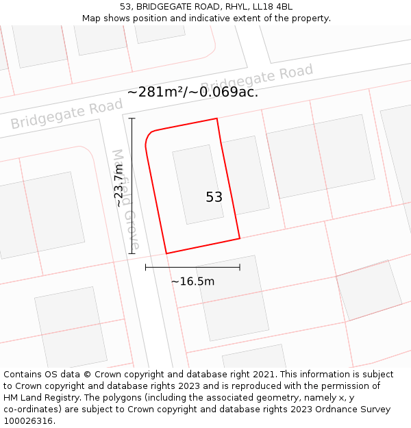 53, BRIDGEGATE ROAD, RHYL, LL18 4BL: Plot and title map