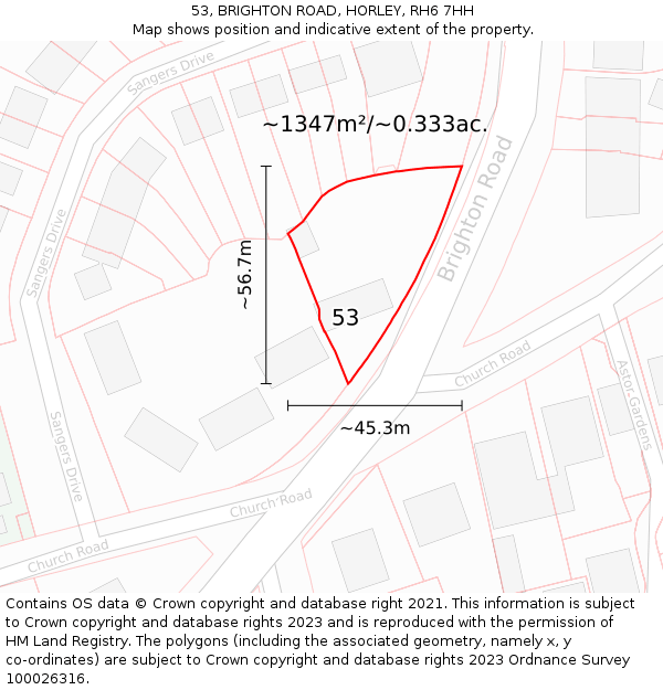 53, BRIGHTON ROAD, HORLEY, RH6 7HH: Plot and title map