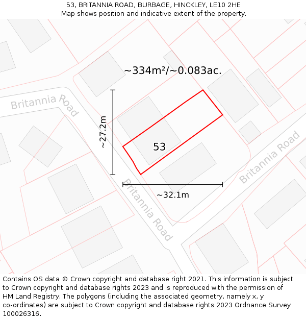 53, BRITANNIA ROAD, BURBAGE, HINCKLEY, LE10 2HE: Plot and title map