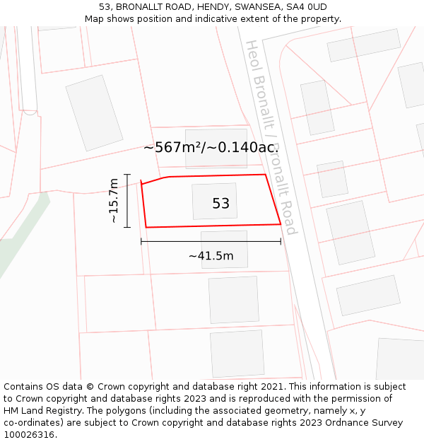 53, BRONALLT ROAD, HENDY, SWANSEA, SA4 0UD: Plot and title map