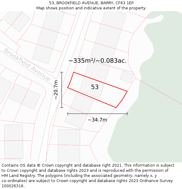 53, BROOKFIELD AVENUE, BARRY, CF63 1EP: Plot and title map