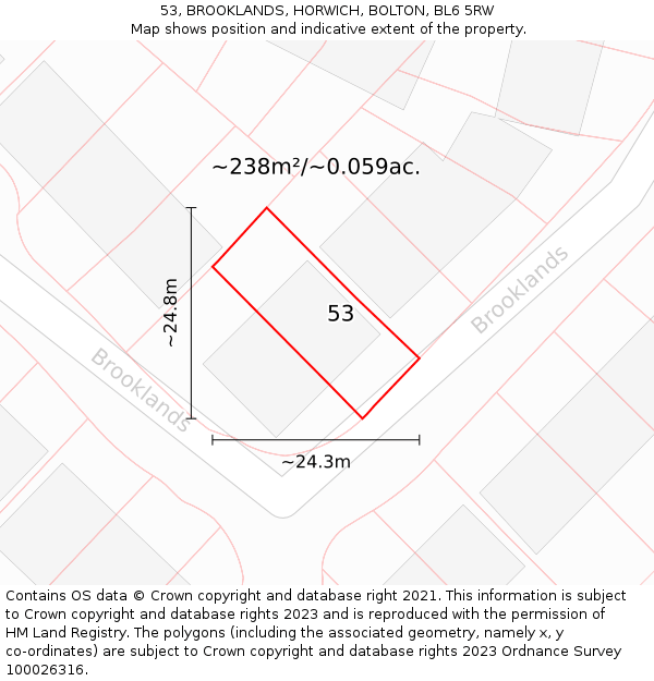 53, BROOKLANDS, HORWICH, BOLTON, BL6 5RW: Plot and title map