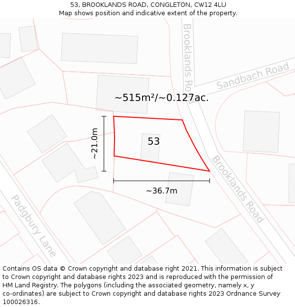 53, BROOKLANDS ROAD, CONGLETON, CW12 4LU: Plot and title map