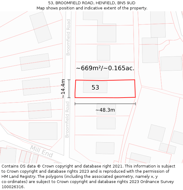 53, BROOMFIELD ROAD, HENFIELD, BN5 9UD: Plot and title map