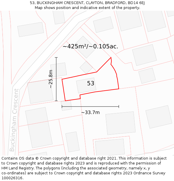 53, BUCKINGHAM CRESCENT, CLAYTON, BRADFORD, BD14 6EJ: Plot and title map
