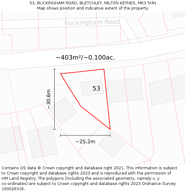 53, BUCKINGHAM ROAD, BLETCHLEY, MILTON KEYNES, MK3 5HN: Plot and title map