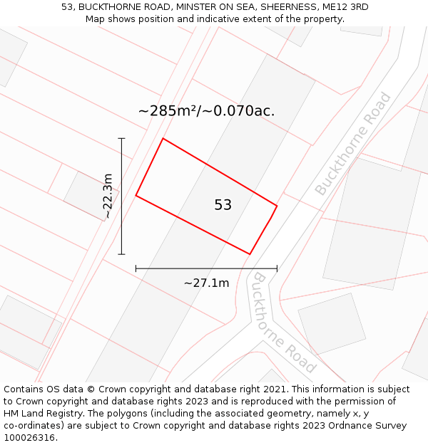 53, BUCKTHORNE ROAD, MINSTER ON SEA, SHEERNESS, ME12 3RD: Plot and title map