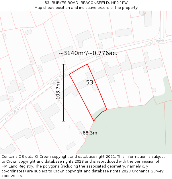 53, BURKES ROAD, BEACONSFIELD, HP9 1PW: Plot and title map