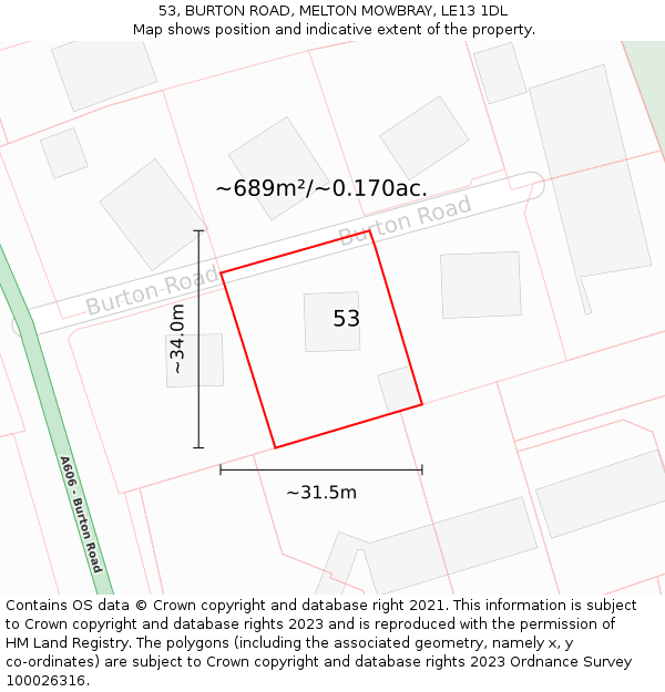 53, BURTON ROAD, MELTON MOWBRAY, LE13 1DL: Plot and title map