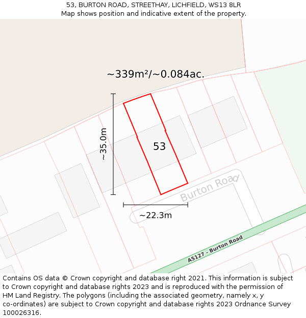 53, BURTON ROAD, STREETHAY, LICHFIELD, WS13 8LR: Plot and title map