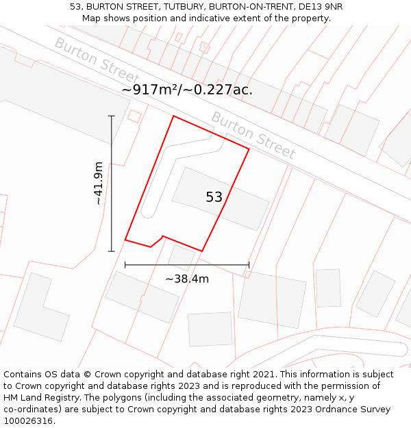 53, BURTON STREET, TUTBURY, BURTON-ON-TRENT, DE13 9NR: Plot and title map