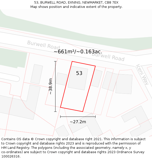 53, BURWELL ROAD, EXNING, NEWMARKET, CB8 7EX: Plot and title map