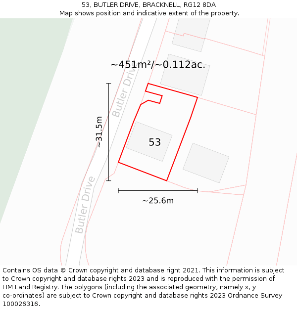 53, BUTLER DRIVE, BRACKNELL, RG12 8DA: Plot and title map