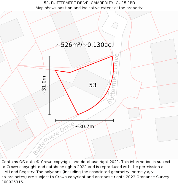 53, BUTTERMERE DRIVE, CAMBERLEY, GU15 1RB: Plot and title map