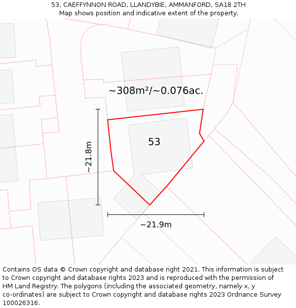 53, CAEFFYNNON ROAD, LLANDYBIE, AMMANFORD, SA18 2TH: Plot and title map