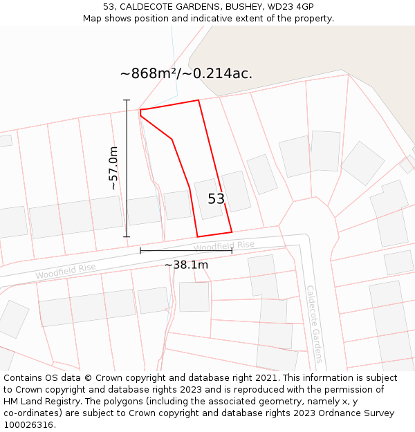 53, CALDECOTE GARDENS, BUSHEY, WD23 4GP: Plot and title map