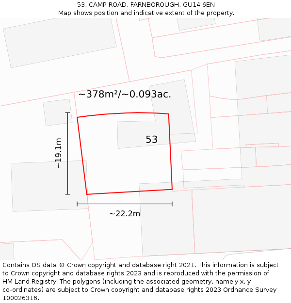 53, CAMP ROAD, FARNBOROUGH, GU14 6EN: Plot and title map