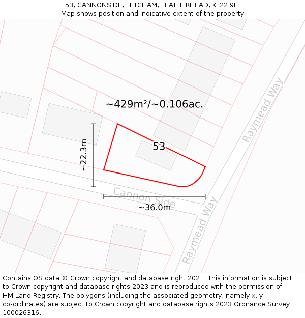 53, CANNONSIDE, FETCHAM, LEATHERHEAD, KT22 9LE: Plot and title map