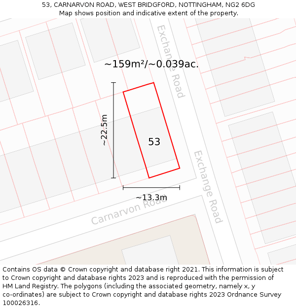 53, CARNARVON ROAD, WEST BRIDGFORD, NOTTINGHAM, NG2 6DG: Plot and title map