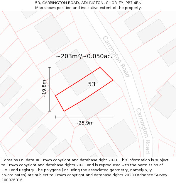 53, CARRINGTON ROAD, ADLINGTON, CHORLEY, PR7 4RN: Plot and title map