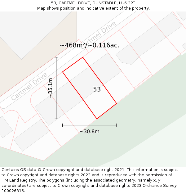 53, CARTMEL DRIVE, DUNSTABLE, LU6 3PT: Plot and title map